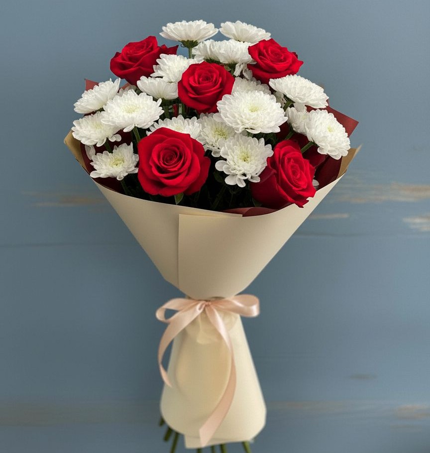 Букет цветов из: Розы и Хризантемы в Строителе Белгородской области