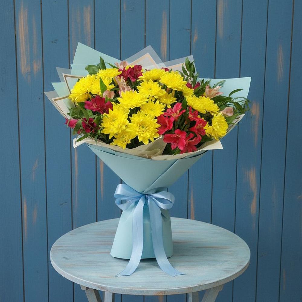 Букет цветов из: Альстромерии и Хризантемы в Строителе Белгородской области