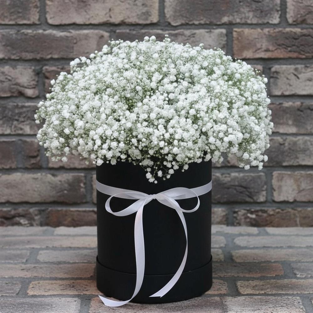 Цветочная композиция из Гипсофила в шляпной коробке в Строителе Белгородской области