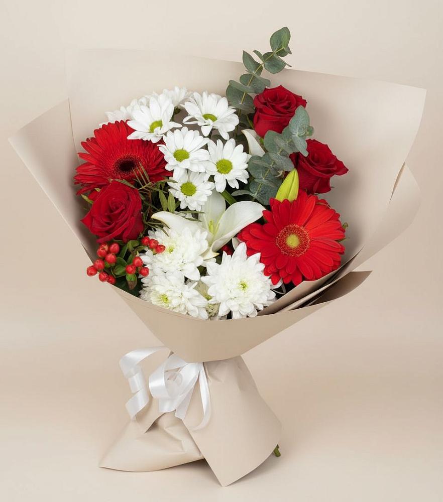 Букет цветов из: Розы, Хризантемы, Герберы и Лилии в Строителе Белгородской области