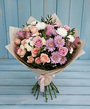 Букет цветов из:  Хризантемы, Розы и Альстромерии #REPLACE_PRED# Строителе Белгородской области